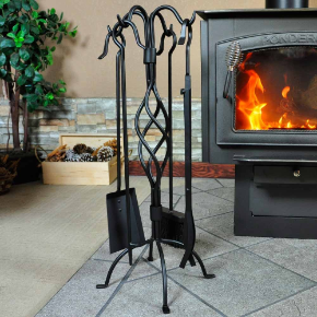 5 Piece Black Spiral Design Fireplace Tool Set