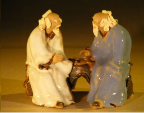 Miniature Glazed Figurine Two Men Sitting on a bench in Fine Detail