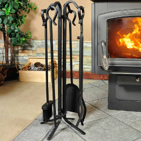 5 Piece Black Wrought Iron Fireplace Tool Set